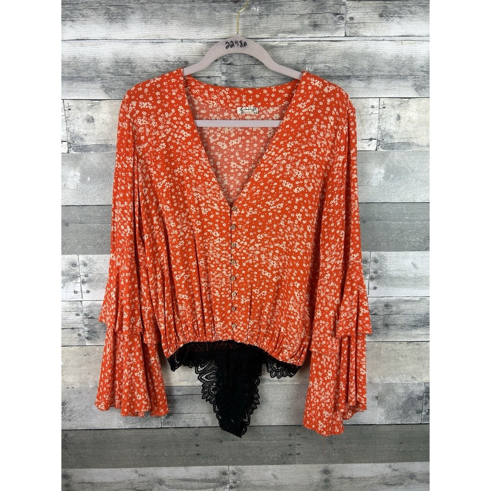 Intimately Free People Bodysuit Women's XS Orange Bell Sleeve Bell Sleeve